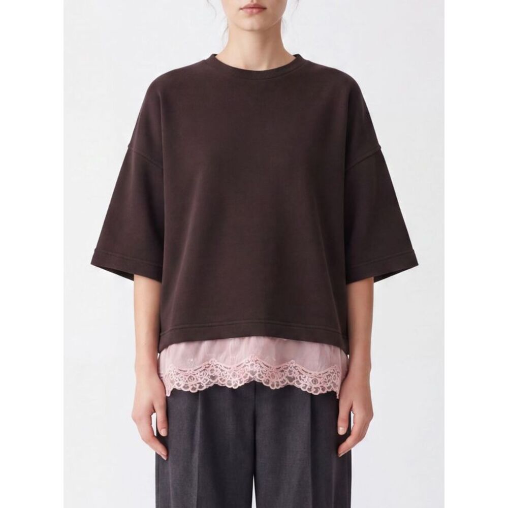 Pinko Women Pinko Relaxed Fit Viscose And Silk Crewneck Top With Lace Inserts